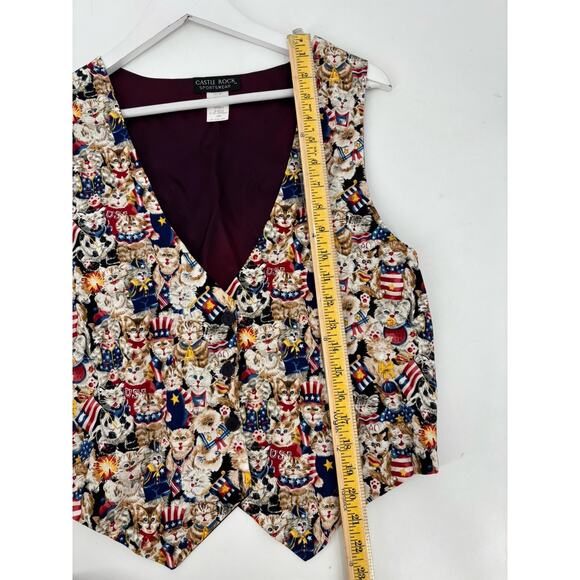 Castle Rock Vintage Vest Womens Large Cats USA American Flag Satin Button Retro - Picture 15 of 15